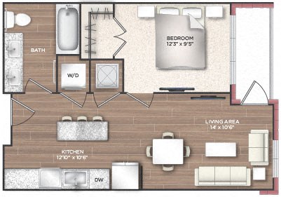 Floor plan for 1 bed, 1 bath, 582 sqft